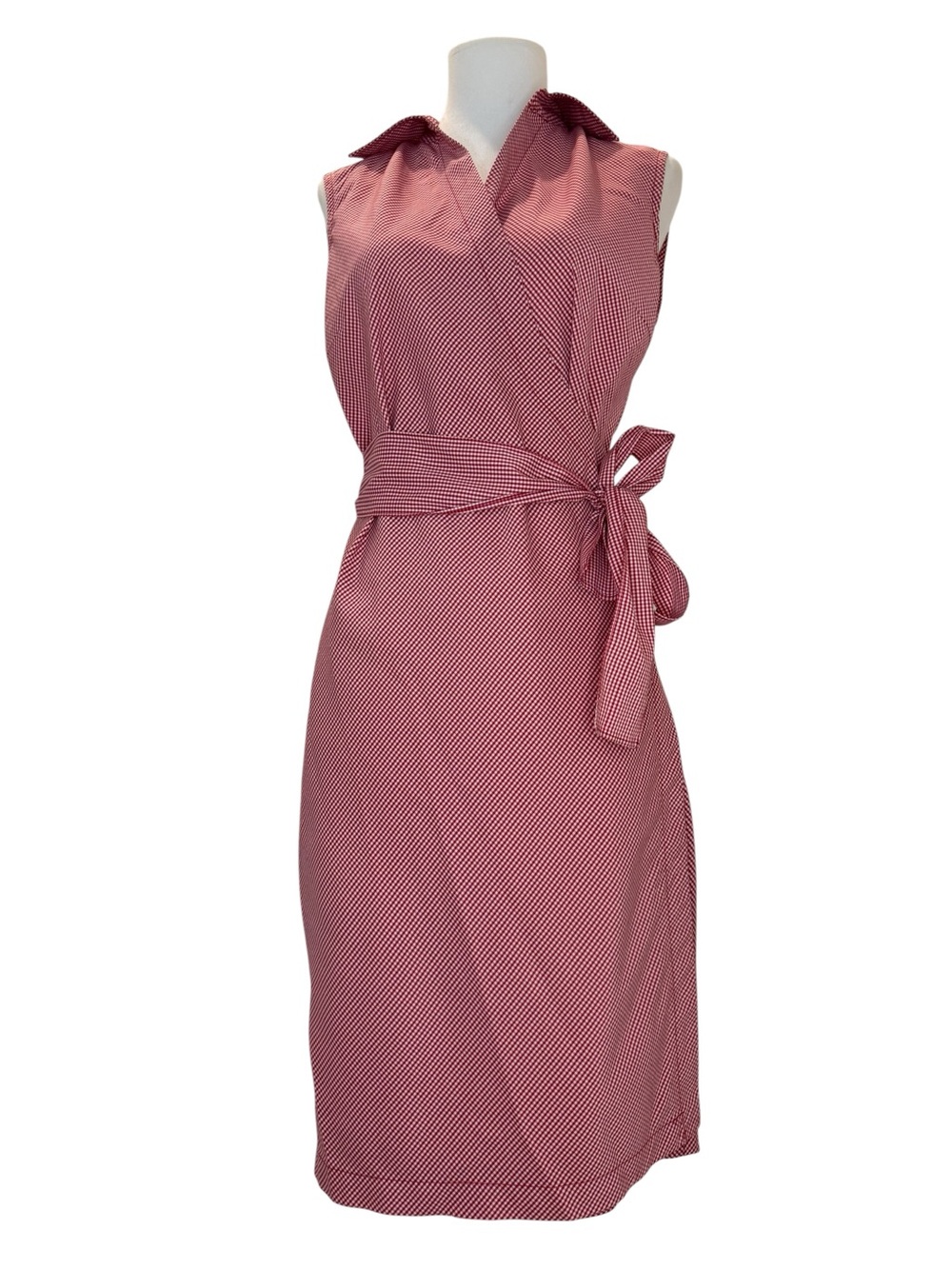 DKNY Red  Checkered Sleeveless Wrap-Style Midi Dress with Tie Belt SZ 4 - Picture 5 of 8